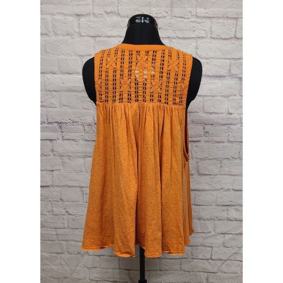 Free People Orange Crochet Lace V Neck Button Front Sleeveless Tunic Top XL NWT - Picture 4 of 11